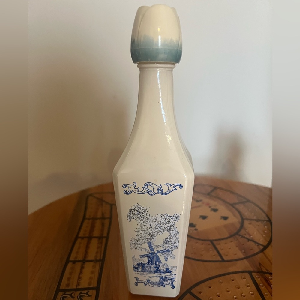 Vintage Vandermint Glass Liquor Bottle Delft Blue Windmills on White 11" Empty